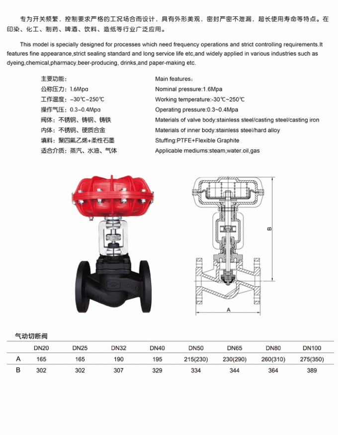 Stainless Steel 304 Pneumatic Valve Dn20-100 Film Valve Steam Pipe Temperature Control Valve With Positioner Option